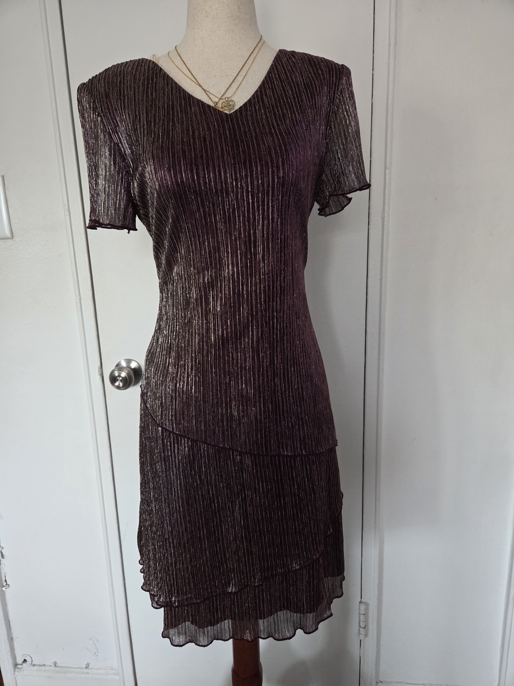 connected apparel Metallic Plum Pleated Midi Dress
